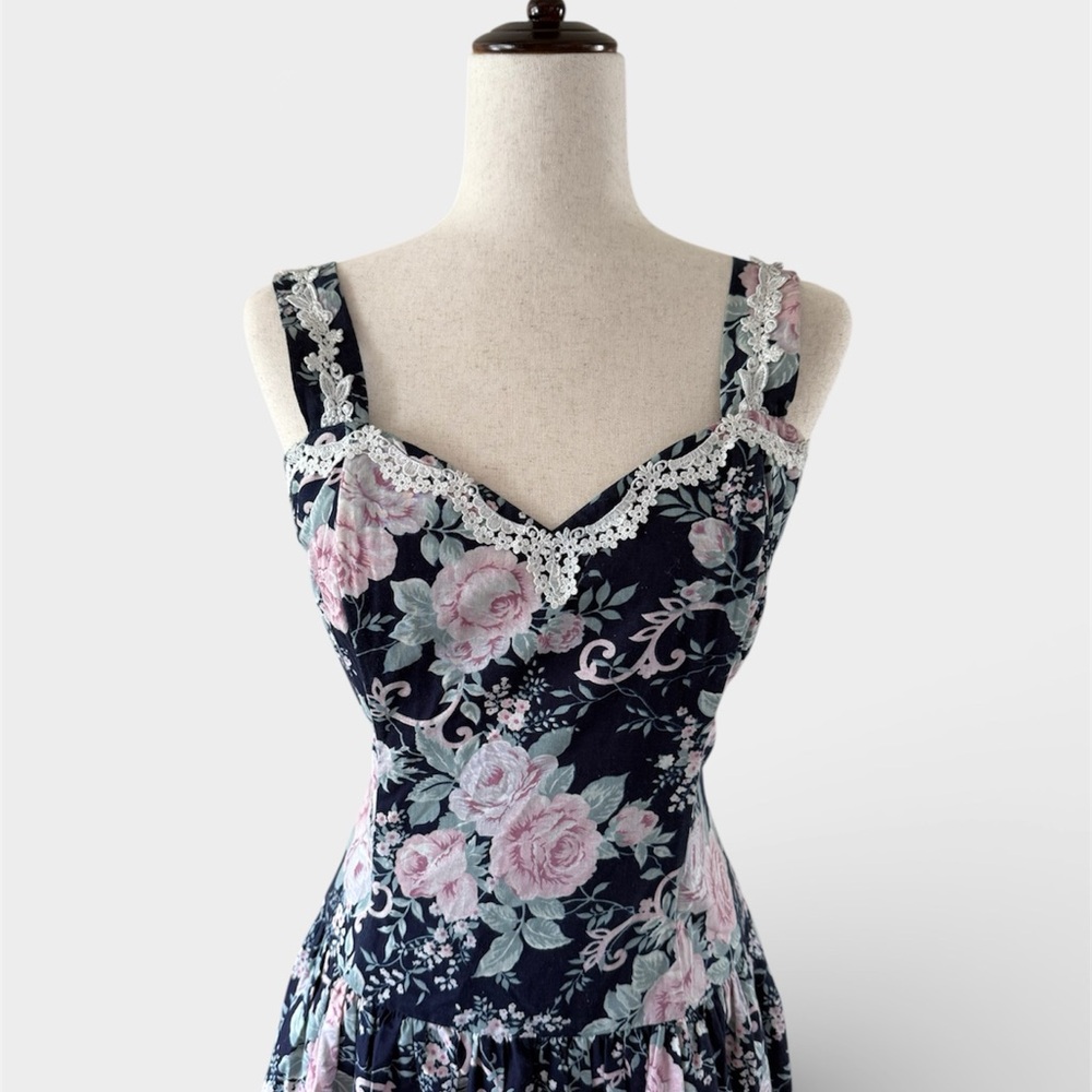 Vintage 1980s Scott McClintock Gunne Sax Floral Navy and Pink Dress - Picture 7 of 8